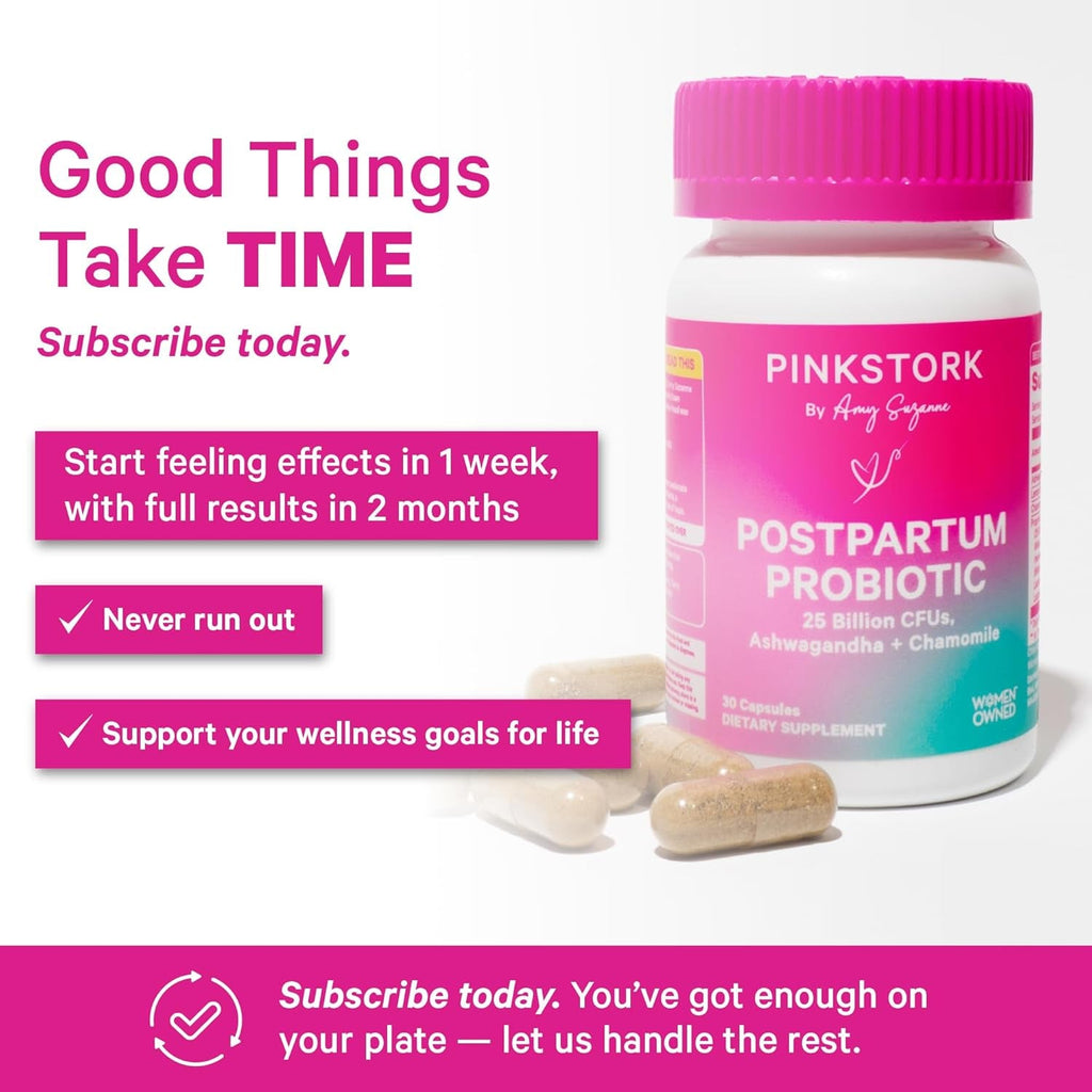Pink Stork Probiotics for Postnatal Women - 30 Billion CFUS with Ashwagandha and Chamomile, Postpartum Essentials for Hormone Balance, Mood Support, Gut Health, Digestive Wellness, 30 Capsules