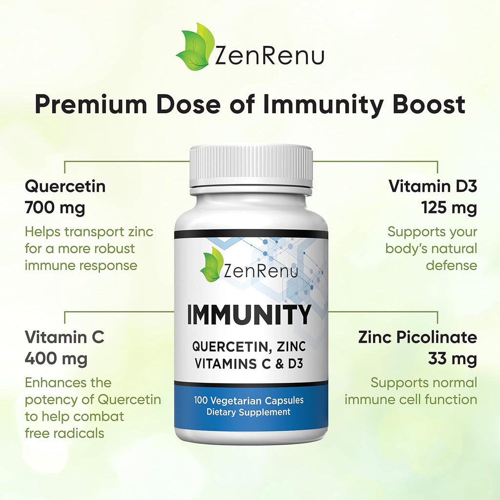 Immunity Quercetin 700 Mg Zinc Vitamin C Vitamin D Immune Support Supplement with Curcumin - Easy to Absorb Immunity Supplement, 100 Vegetarian Capsules 50 Day Supply