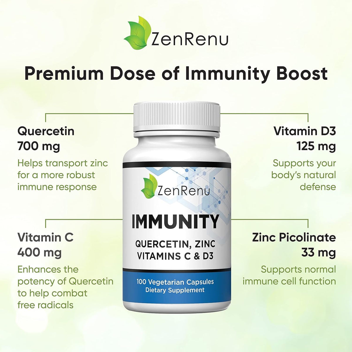 Immunity Quercetin 700 Mg Zinc Vitamin C Vitamin D Immune Support Supplement with Curcumin - Easy to Absorb Immunity Supplement, 100 Vegetarian Capsules 50 Day Supply