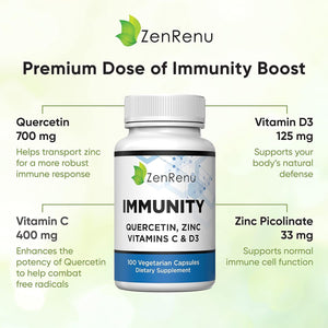 Immunity Quercetin 700 Mg Zinc Vitamin C Vitamin D Immune Support Supplement with Curcumin - Easy to Absorb Immunity Supplement, 100 Vegetarian Capsules 50 Day Supply