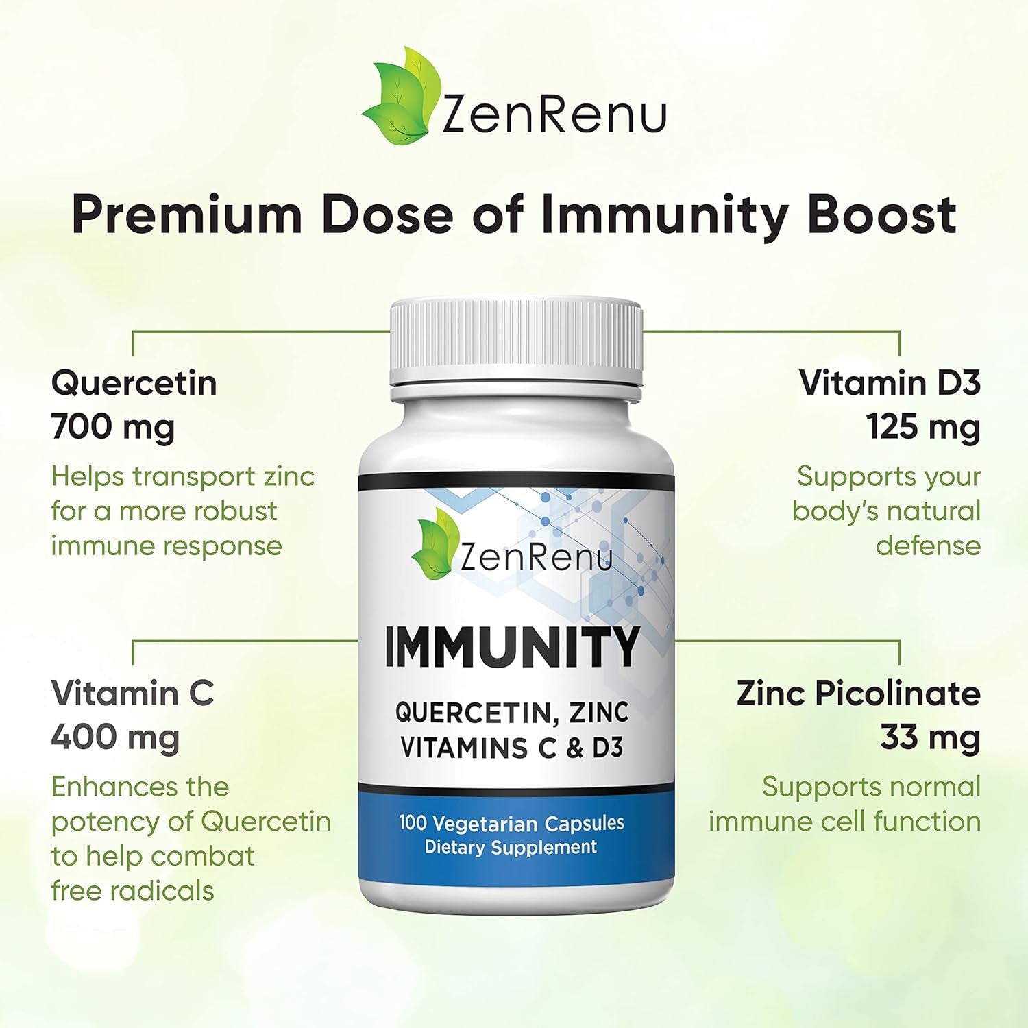 Immunity Quercetin 700 Mg Zinc Vitamin C Vitamin D Immune Support Supplement with Curcumin - Easy to Absorb Immunity Supplement, 100 Vegetarian Capsules 50 Day Supply