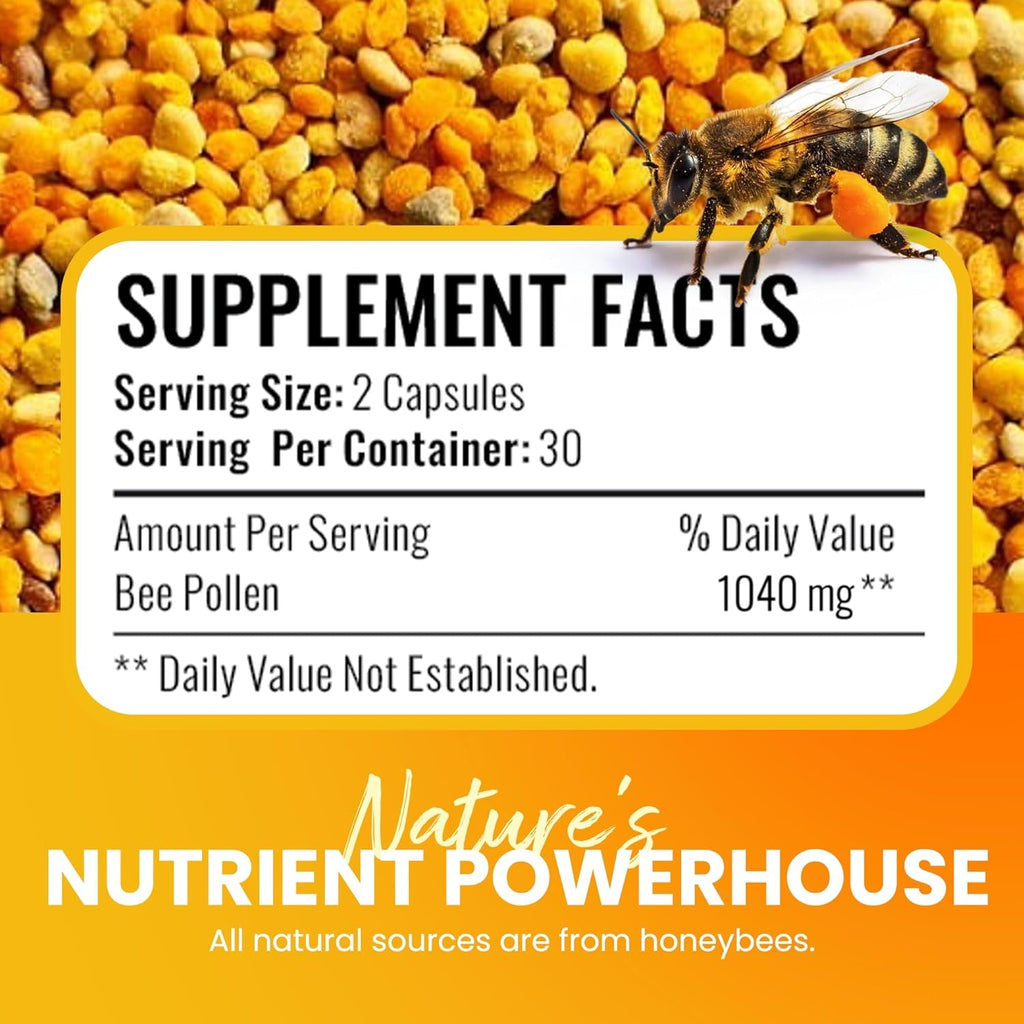 HONEYBEEZONE–100% Raw Bee Pollen Granules in 60 Veggie Capsules – High in Essential B-Complex for Metabolism & Energy - Gluten Free & Non-Gmo - Protein & Antioxidants – Immune Support & Vitality