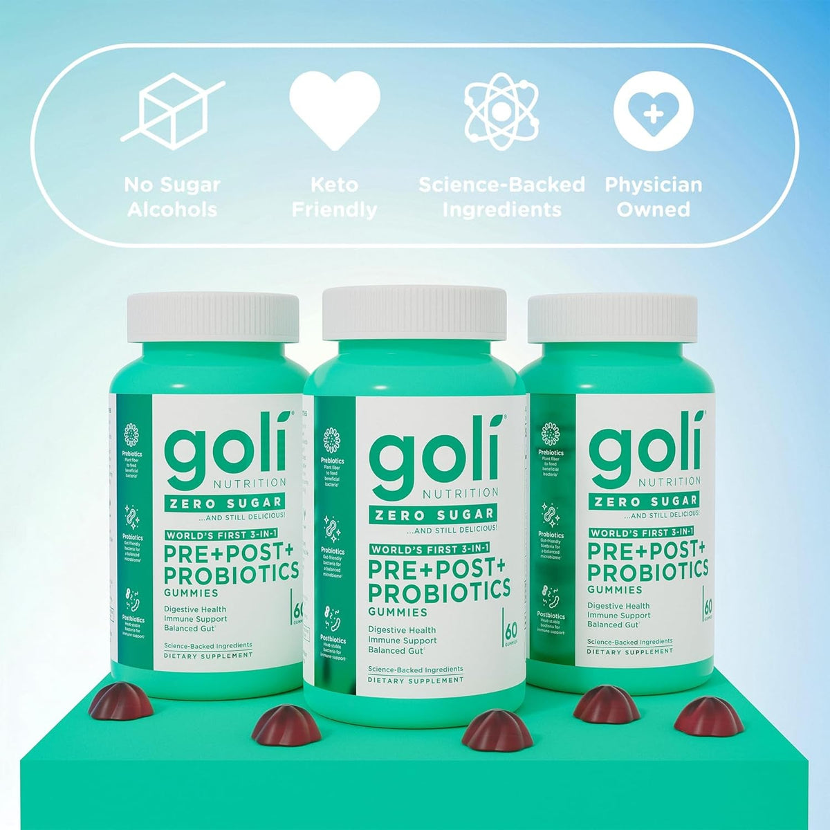 Goli Zero Sugar Pre Pro Postbiotic Gummies - Worlds First 3-In-1 with DE111, XOS, MCC1849 - No Sugar Alcohols - Vegan, Keto-Friendly, Non-Gmo