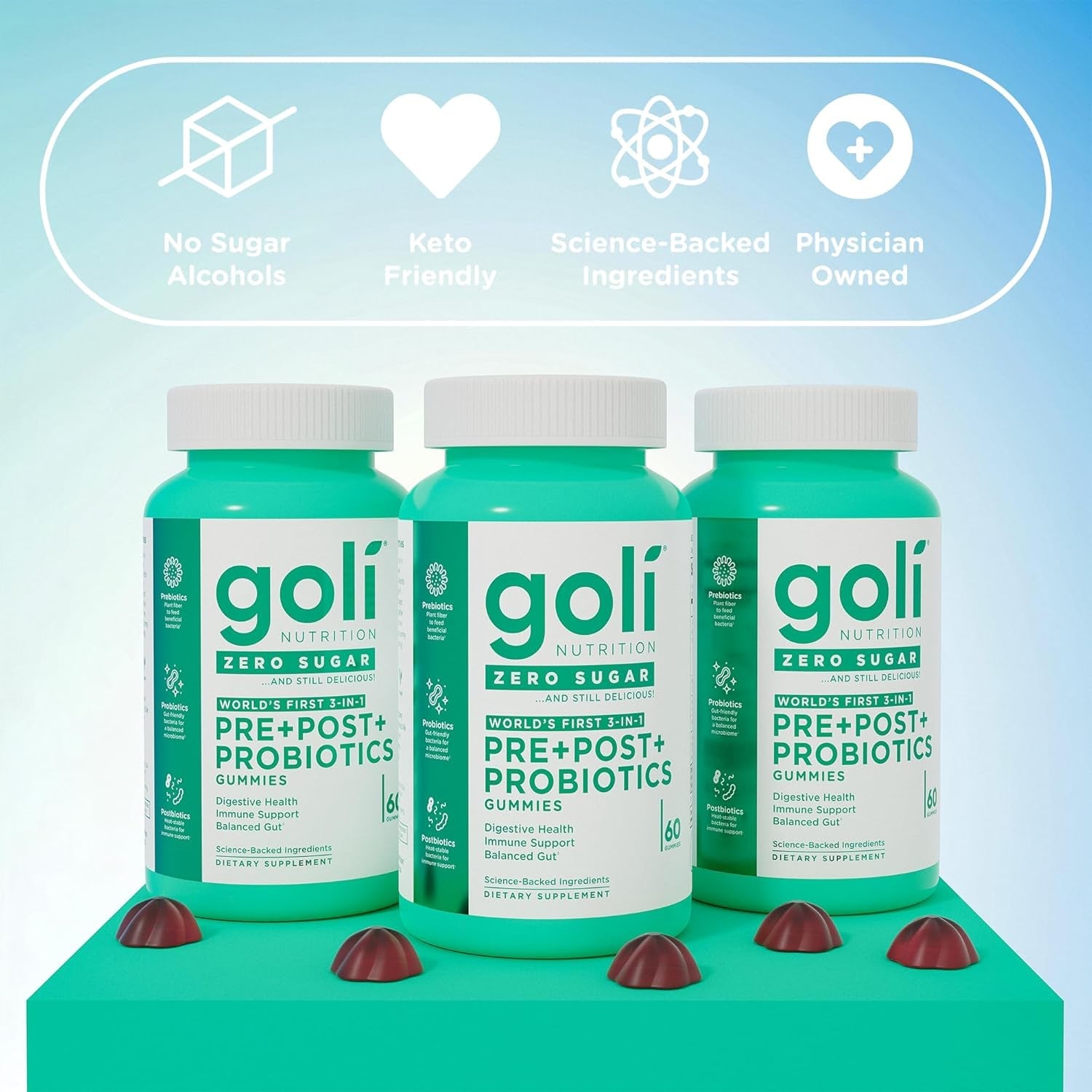 Goli Zero Sugar Pre Pro Postbiotic Gummies - Worlds First 3-In-1 with DE111, XOS, MCC1849 - No Sugar Alcohols - Vegan, Keto-Friendly, Non-Gmo