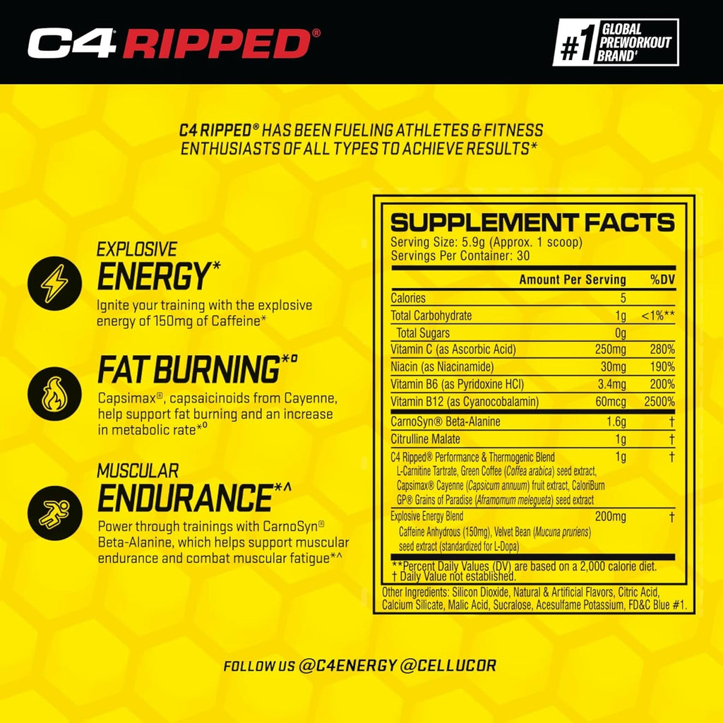 C4 Ripped Pre Workout Powder for Energy, Beta Alanine, Zero Sugar Energy Supplement Preworkout for Men & Women - 150Mg Caffeine + Creatine-Free - Icy Blue Razz - 30 Servings