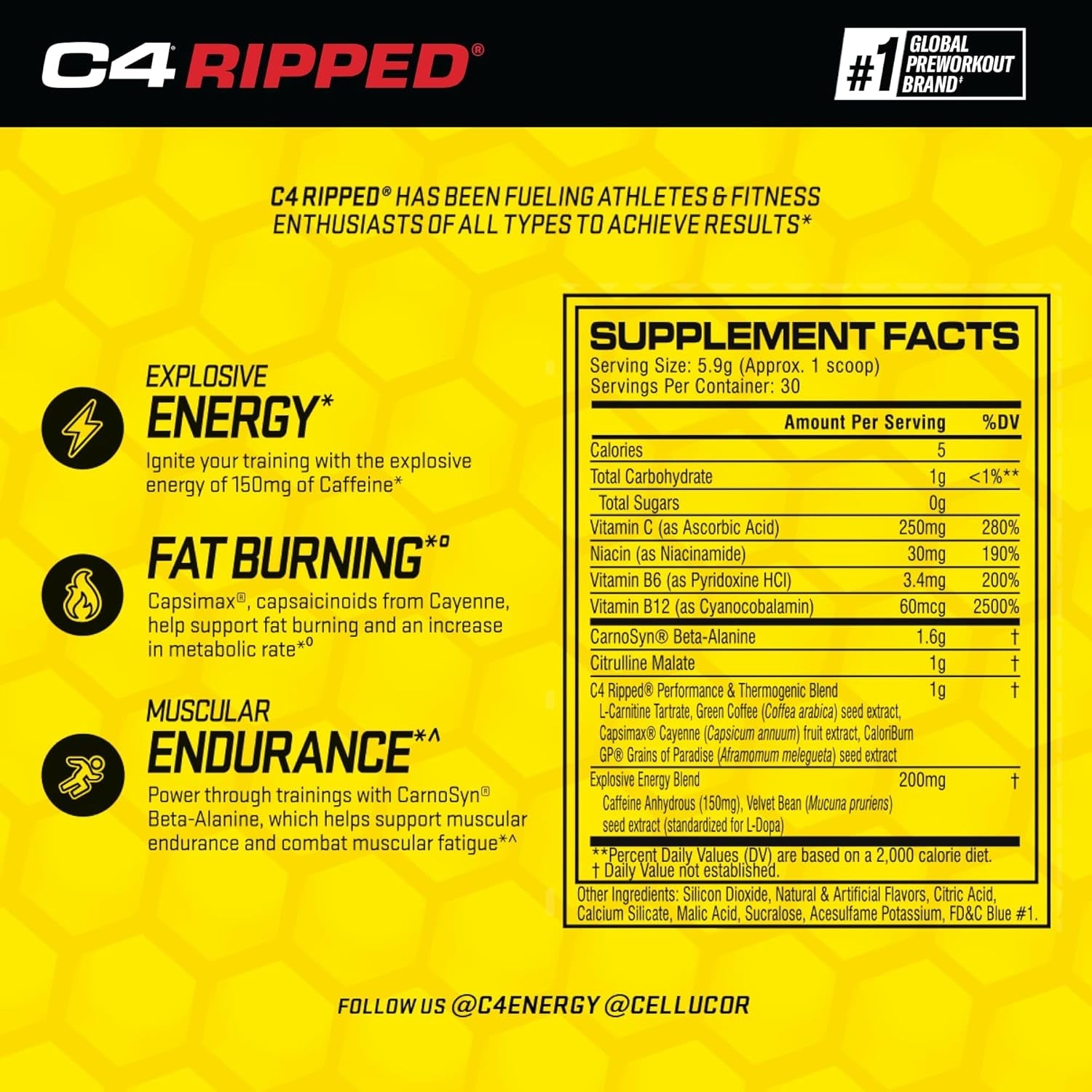 C4 Ripped Pre Workout Powder for Energy, Beta Alanine, Zero Sugar Energy Supplement Preworkout for Men & Women - 150Mg Caffeine + Creatine-Free - Icy Blue Razz - 30 Servings