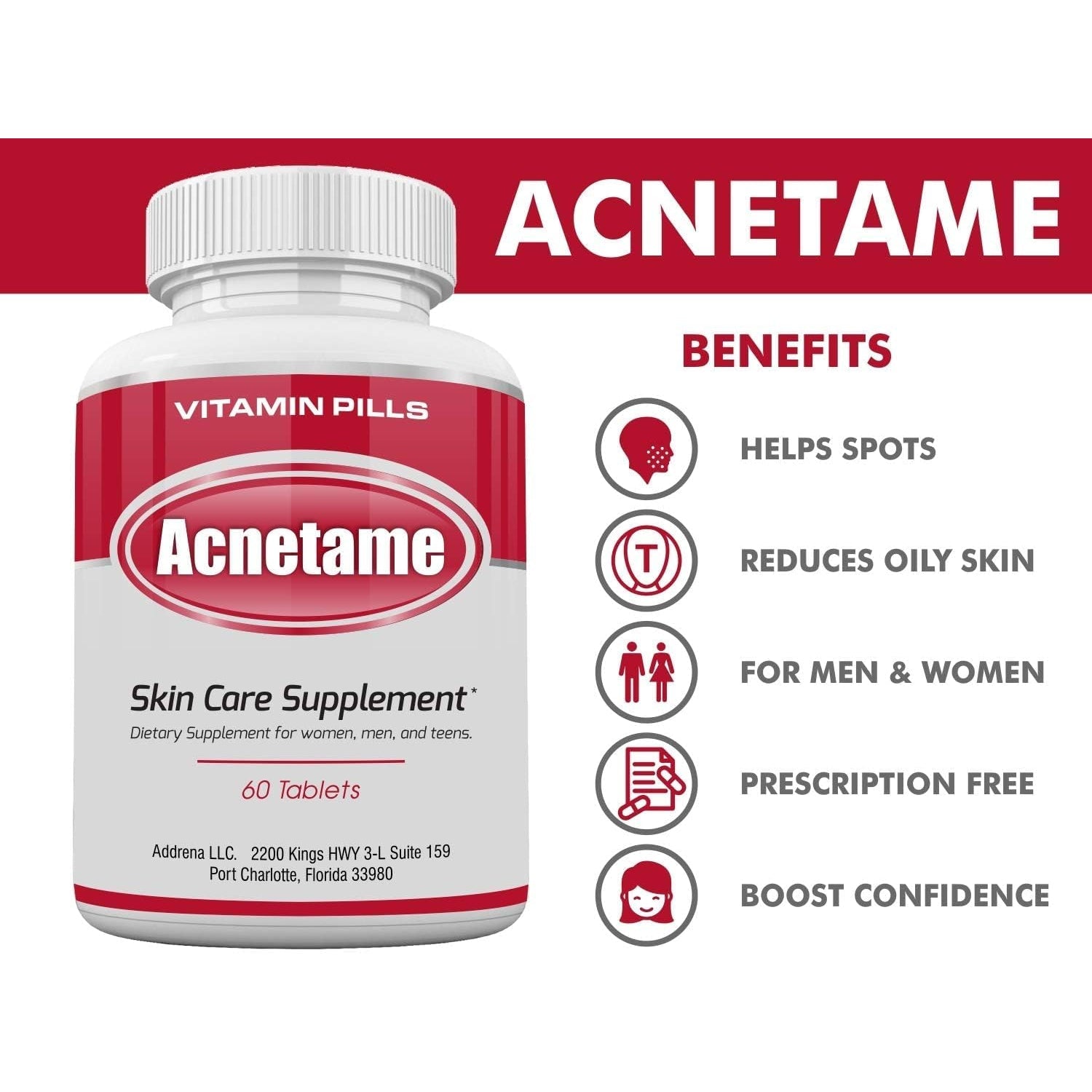 Acnetame Acne Pills- Vitamin Supplements for Acne Treatment- Natural Clear Skin from Hormonal Cystic Pimples- Oily Skin Vitamins Pill for Women, Teen, Men, & Adults 60 Tablets