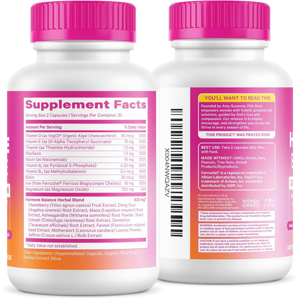 Pink Stork Hormone Balance Multivitamin for Women | 18-In-1 Vitex, Saffron, Ashwagandha, Magnesium | Mood, Energy, Cortisol, Adrenal Support | PMS, Perimenopause Support | 60 Vegan Capsules