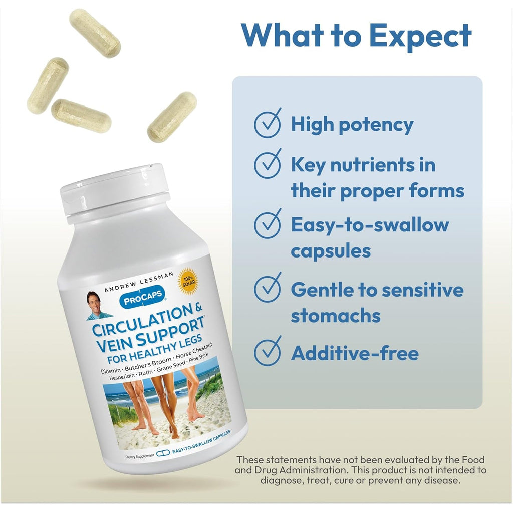 ANDREW LESSMAN Circulation, Vein Support for Healthy Legs 60 Capsules - High Bioactivity Diosmin, Butcher'S Broom, Visibly Reduces Swelling and Discomfort in Feet, Ankles, Calves, Legs
