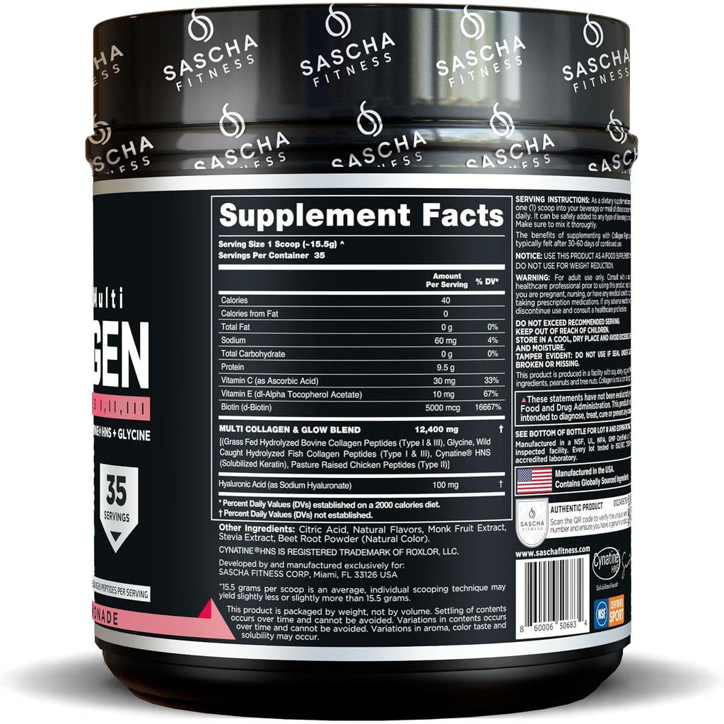 SASCHA FITNESS Hydrolyzed Multi Collagen Peptides Tipes 1,2 & 3 |Hyaluronic Acid|Biotin |Cynatine Hsn|Vitamin C & E |For Hairs, Skin & Bone Support|Strawberry Lemonade