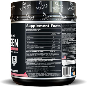 SASCHA FITNESS Hydrolyzed Multi Collagen Peptides Tipes 1,2 & 3 |Hyaluronic Acid|Biotin |Cynatine Hsn|Vitamin C & E |For Hairs, Skin & Bone Support|Strawberry Lemonade