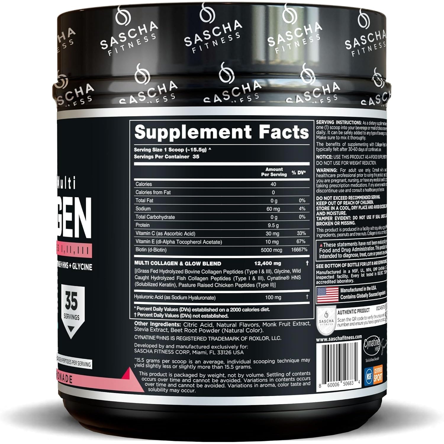 SASCHA FITNESS Hydrolyzed Multi Collagen Peptides Tipes 1,2 & 3 |Hyaluronic Acid|Biotin |Cynatine Hsn|Vitamin C & E |For Hairs, Skin & Bone Support|Strawberry Lemonade