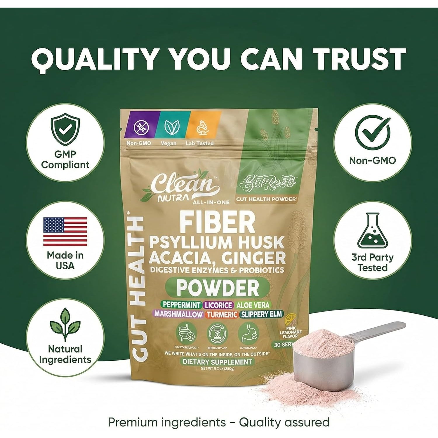 Gutresto Fiber Supplement Psyllium Husk Powder Probiotic Gut Health Digestive Enzymes Prebiotic L-Glutamine Slippery Elm Aloe Vera Marshmallow Root Turmeric Ginger Peppermint by Clean Nutra 30 Svgs