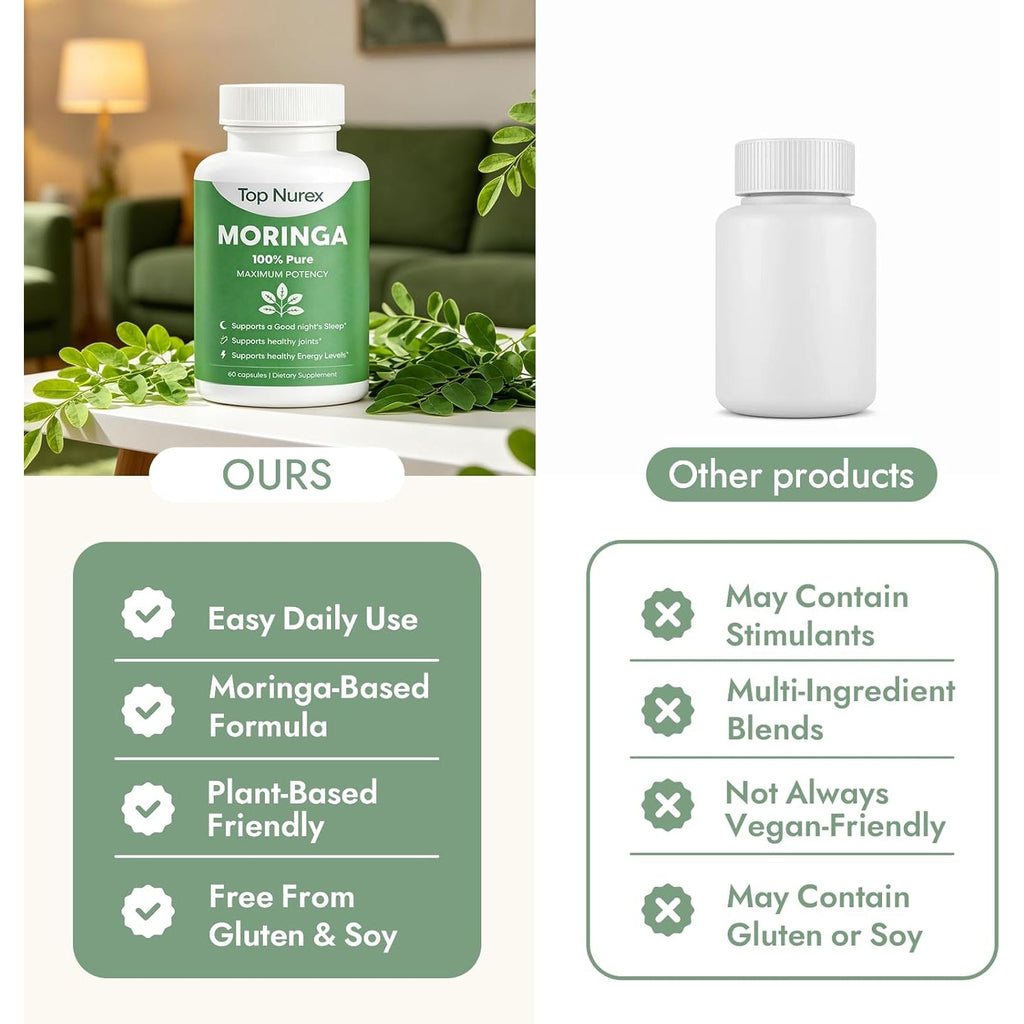 Moringa Capsules, Natural Green Superfood Supplement for Sustained Energy, Immune Support & Digestive Wellness, Non-Gmo, Vegan, 60 Capsules