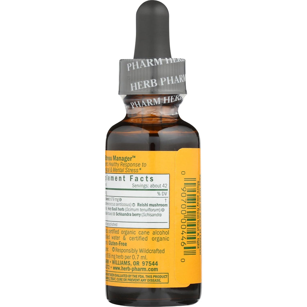 Herb Pharm Stress Manager: Adaptogenic Stress Support Tincture, Rhodiola Rosea, Holy Basil Extract, Reishi Mushroom Extract, Adrenal Function Support, Optimal Energy, Vegan, Non-Gmo, 1 Oz*
