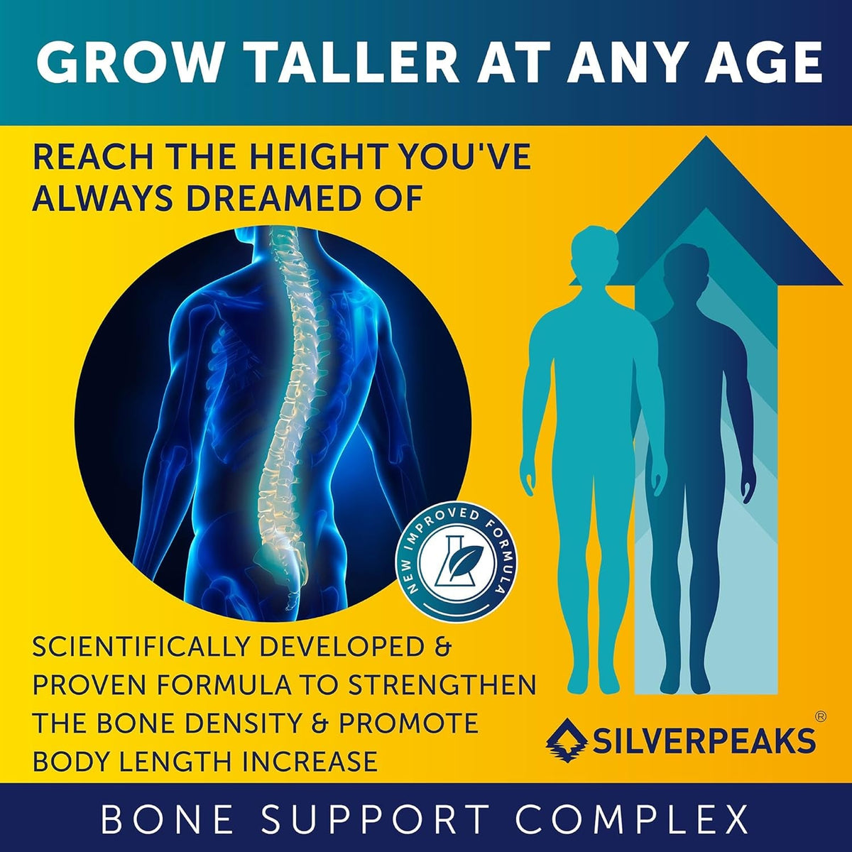 SILVERPEAKS Height Growth Maximizer - Natural Pills to Grow Taller Made in USA with Calcium for Bone Strength Get Supplement That Increases Free of Hormone, 60 Count (Pack of 1)