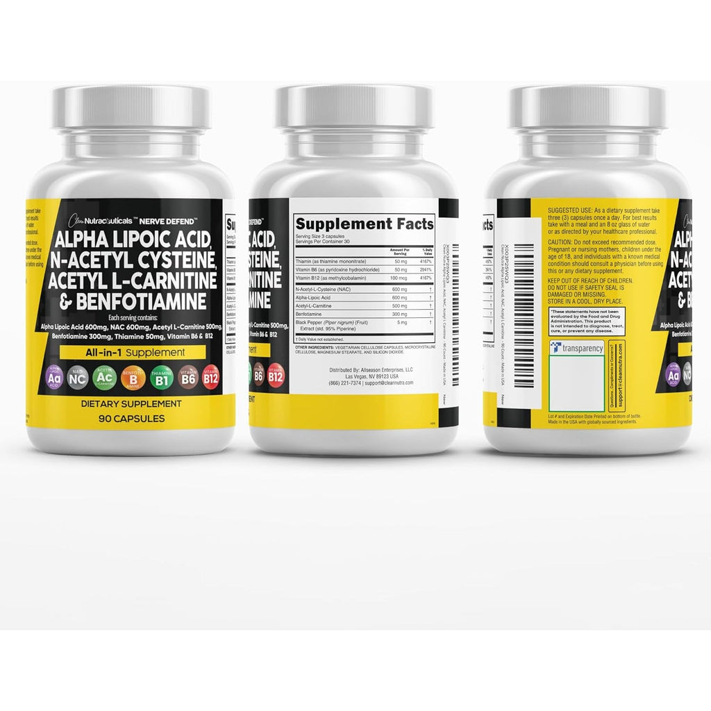 Alpha Lipoic Acid 600Mg N-Acetyl Cysteine 600Mg Acetyl L-Carnitine 500Mg Benfotiamine 300Mg - Nerve Support Supplement for Women and Men with Vitamin B1 B6 & B12 - Made in USA 90 Caps