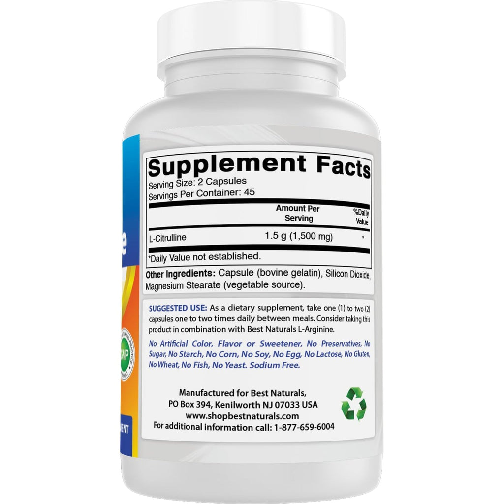 Best Naturals L-Citrulline Capsules - 1500Mg/Serving - Non-Gmo - Gluten Free - 90 Capsules (90 Count (Pack of 1))