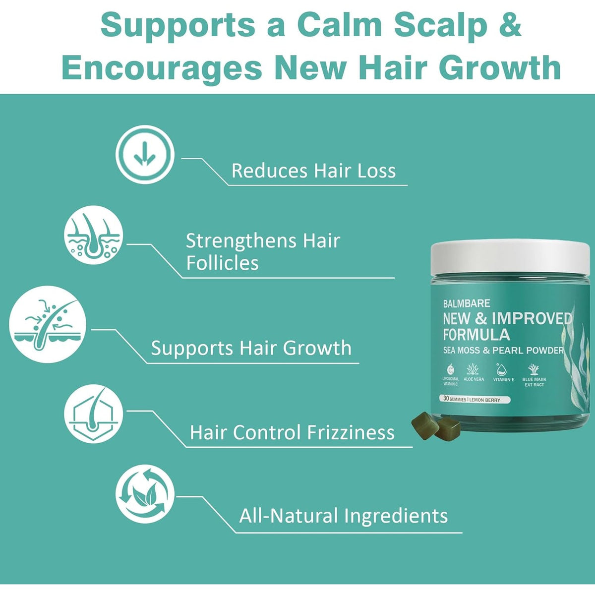 Revive Hair Gummies - Sea Moss Gummies with Hair, Skin & Nails Vitamins with Seamoss, Pearl Powder, Vitamin E, Aloe Vera, Liposomal Vitamin C, 30 Count
