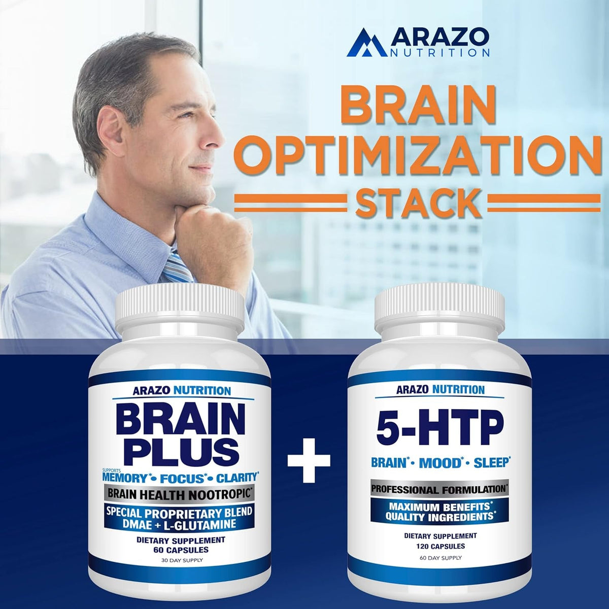 Arazo Nutrition Premium Brain Function Supplement – Memory, Focus, Clarity – Nootropic Booster with DMAE, Bacopa Monnieri, L-Glutamine, Multi Vitamins, Multi Minerals