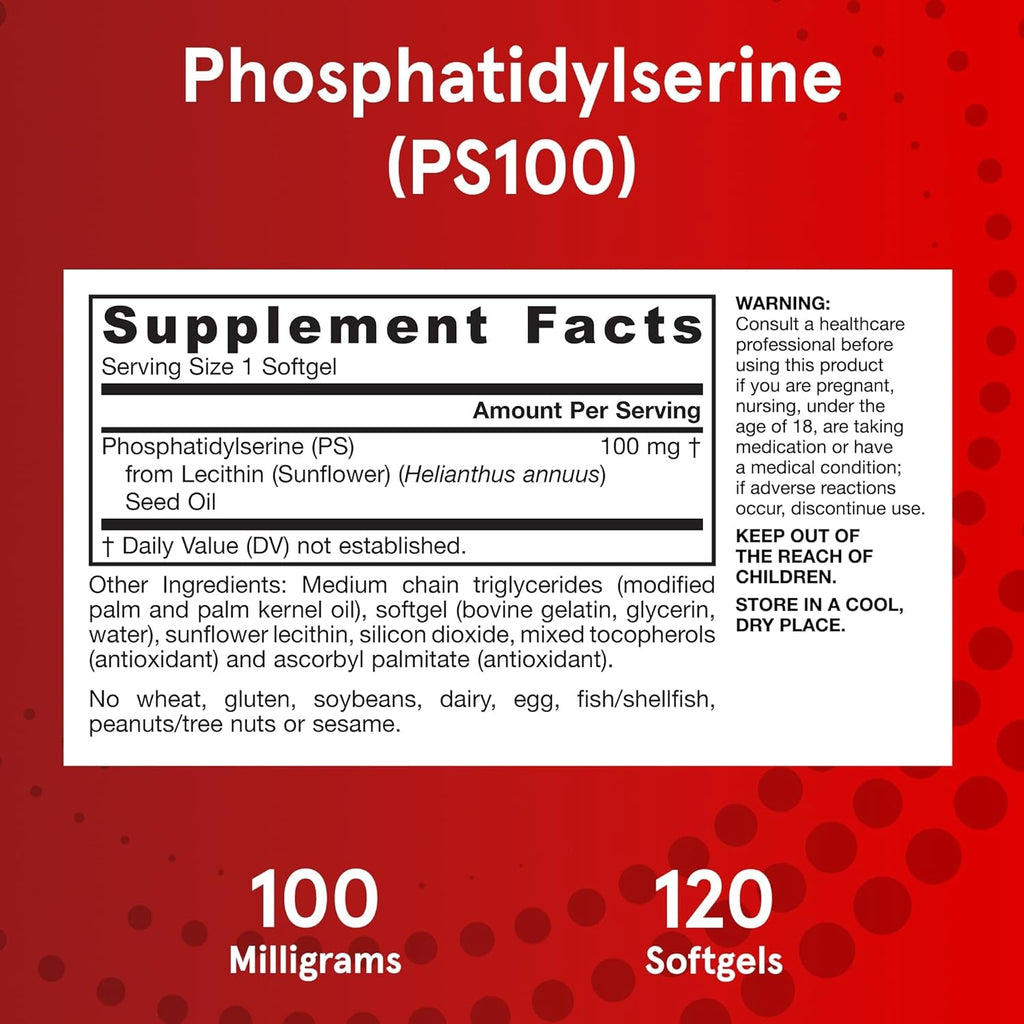 Jarrow Formulas PS100 Phosphatidylserine 100Mg, Dietary Supplement for Brain Health and Cognitive Function Support, 120 Softgels, up to a 40-120 Day Supply