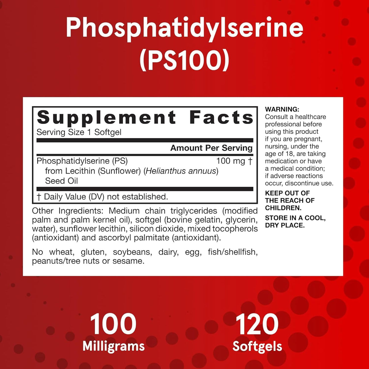 Jarrow Formulas PS100 Phosphatidylserine 100Mg, Dietary Supplement for Brain Health and Cognitive Function Support, 120 Softgels, up to a 40-120 Day Supply