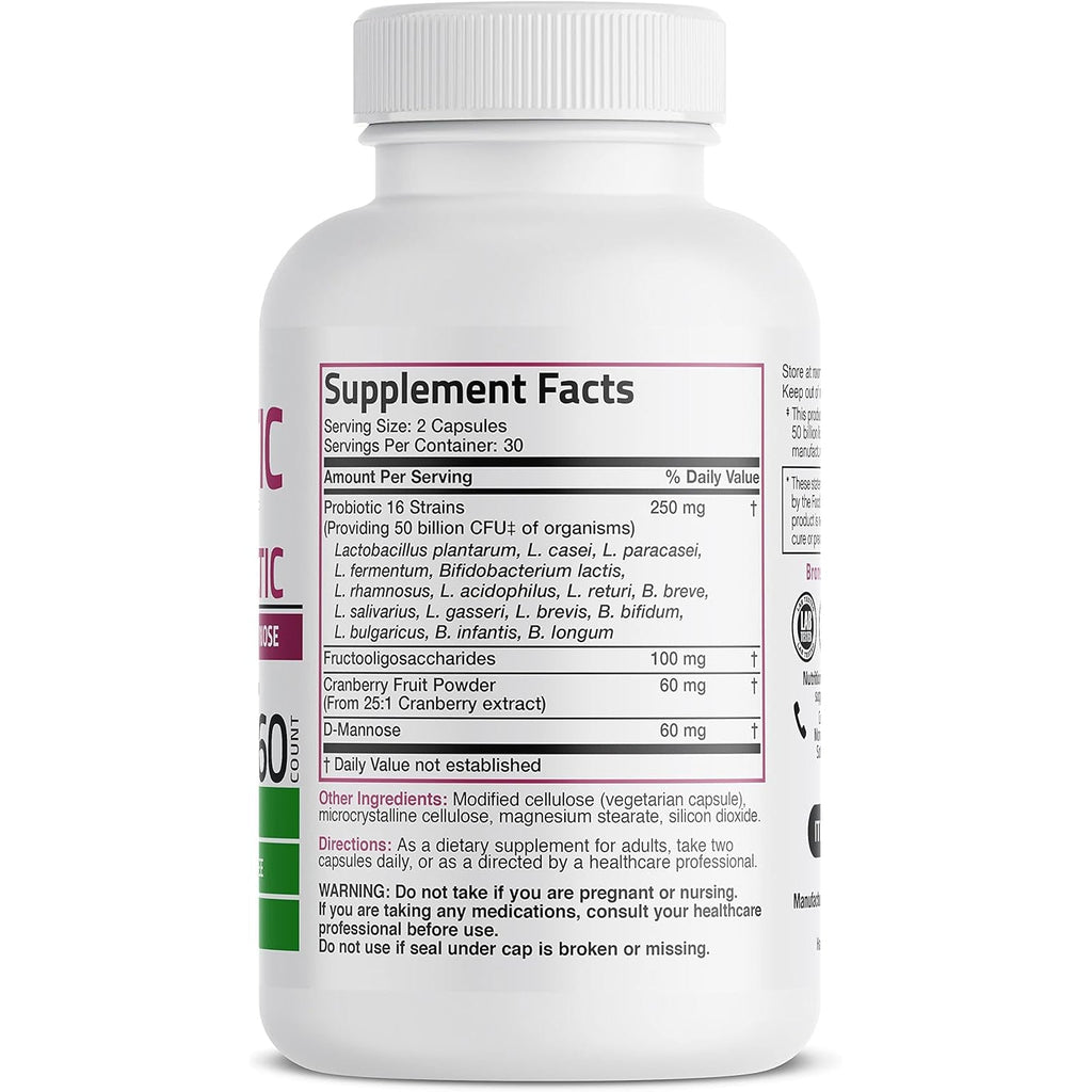 Bronson Women'S Probiotic 50 Billion CFU + Prebiotic with Cranberry & D-Mannose – Vaginal Health, Healthy Digestion, Immune Function and Urinary Tract Support, Non-Gmo, 60 Vegetarian Capsules
