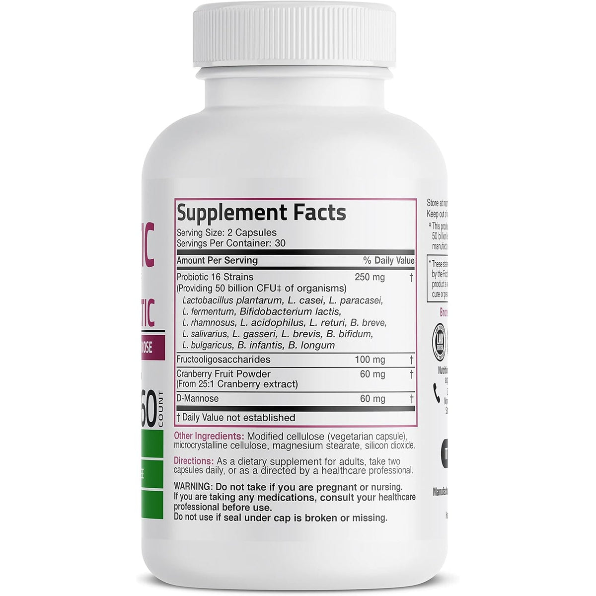 Bronson Women'S Probiotic 50 Billion CFU + Prebiotic with Cranberry & D-Mannose – Vaginal Health, Healthy Digestion, Immune Function and Urinary Tract Support, Non-Gmo, 60 Vegetarian Capsules