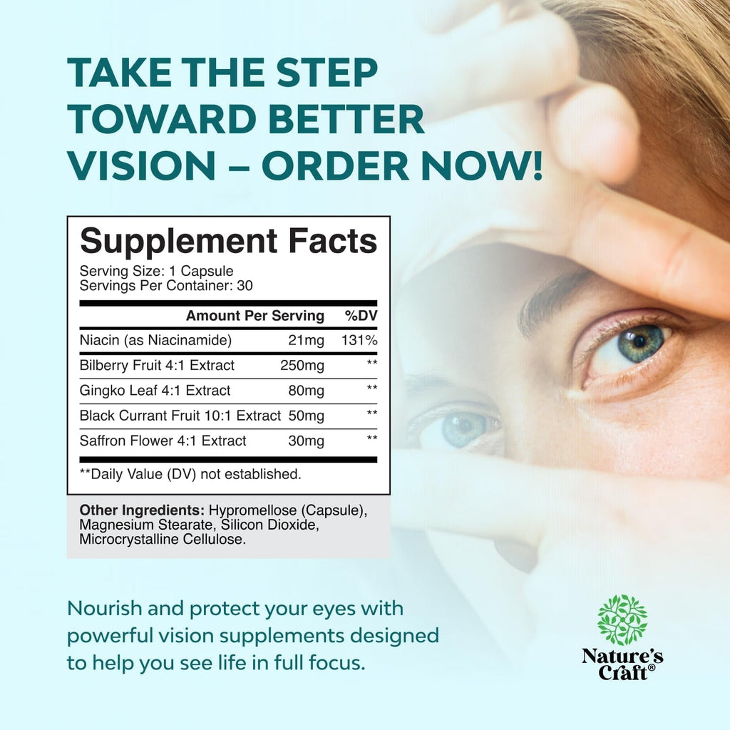 Natures Craft Eye Pressure Support with Bilberry Extract - Vegan Eye Health Supplement for Adults for Ocular Pressure Relief with Saffron Ginkgo Niacin and More Vitamins Vision Support - 30 Count