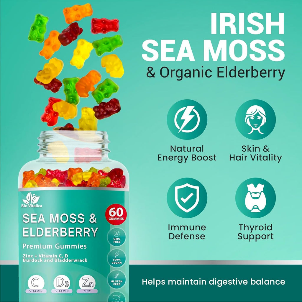 Irish Sea Moss Gummies with Elderberry – USA Made Vegan Gummies with Vitamin C, D & Zinc – Immune Support Supplement with Bladderwrack & Burdock Root for Adults & Kids – 60 Count