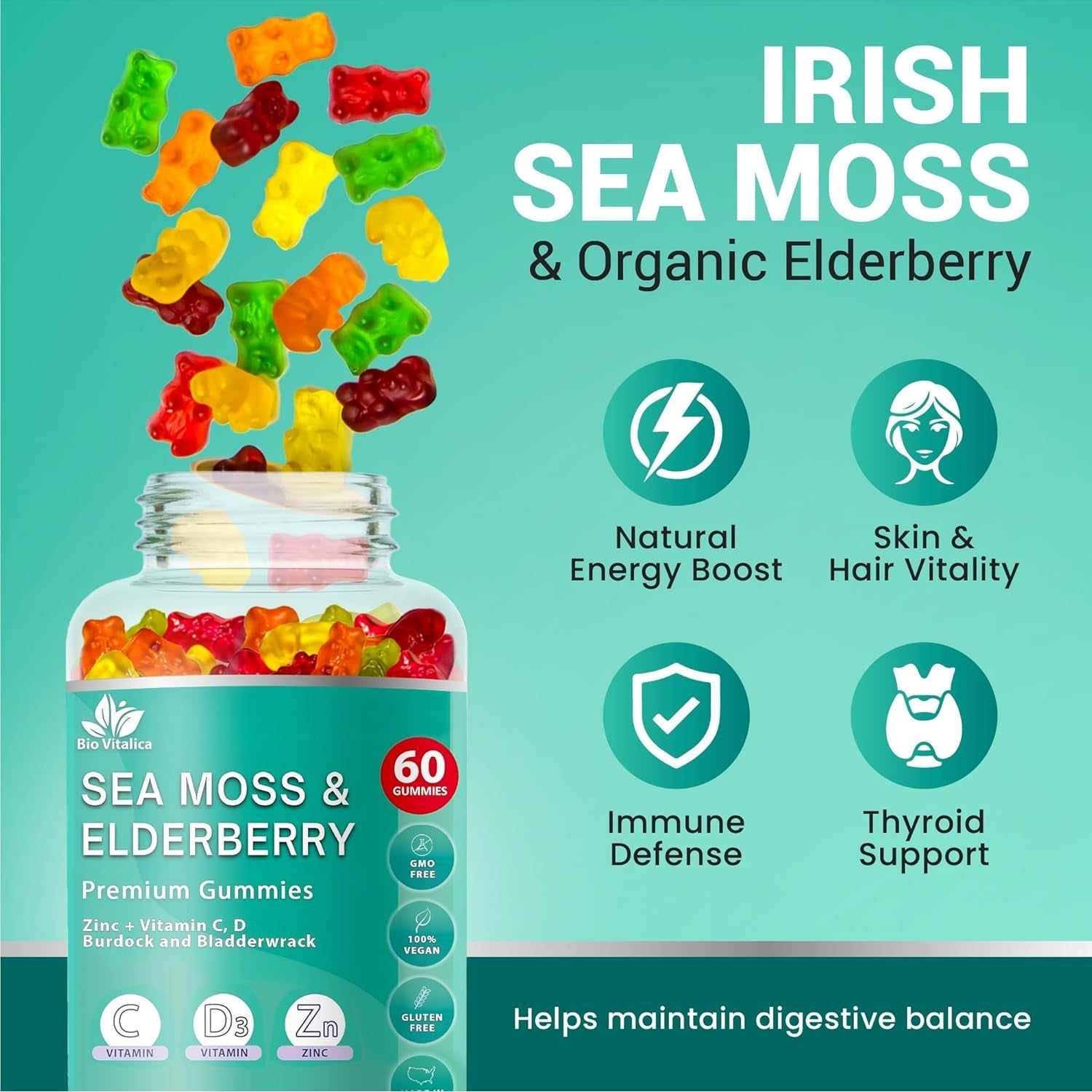 Irish Sea Moss Gummies with Elderberry – USA Made Vegan Gummies with Vitamin C, D & Zinc – Immune Support Supplement with Bladderwrack & Burdock Root for Adults & Kids – 60 Count