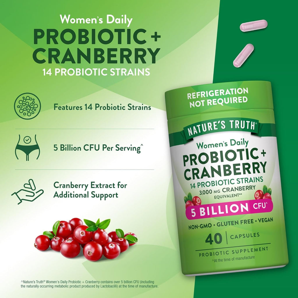 Nature'S Truth Probiotics for Women | 5 Billion Cfus Daily | 40 Vegan Capsules | with Cranberry | Non-Gmo & Gluten Free | No Refrigeration Needed