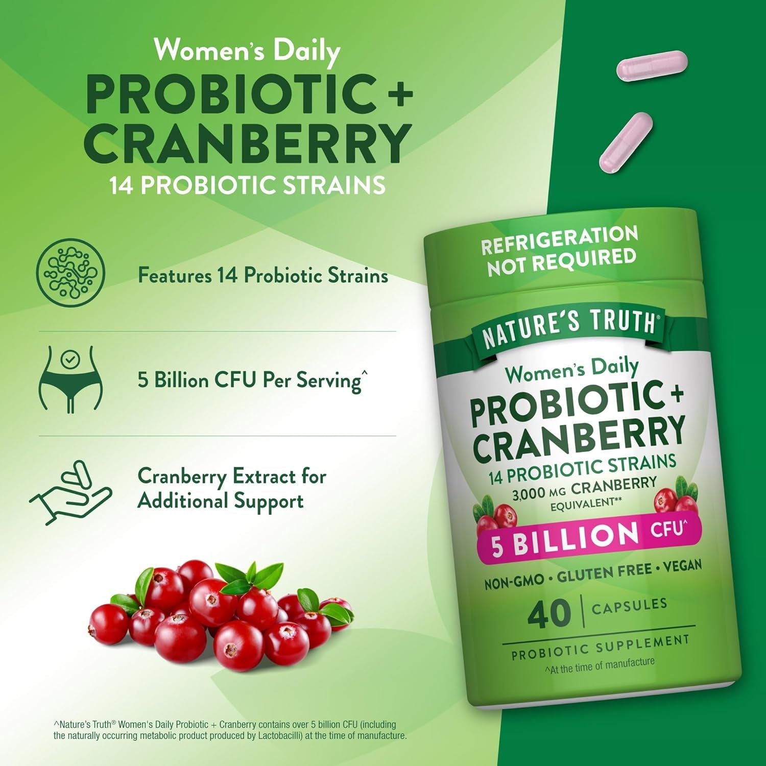 Nature'S Truth Probiotics for Women | 5 Billion Cfus Daily | 40 Vegan Capsules | with Cranberry | Non-Gmo & Gluten Free | No Refrigeration Needed