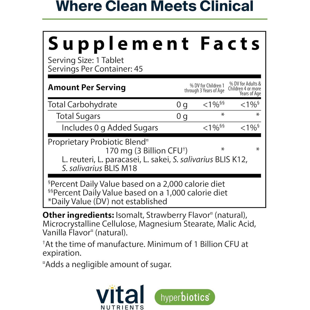 Hyperbiotics Vital Nutrients Pro Kids Probiotic ENT | Toddler Probiotics for Kids Ear, Nose and Throat | Targeted Immune and Digestive Health | Strawberry-Vanilla 45 Sugar-Free Chewable Tablets