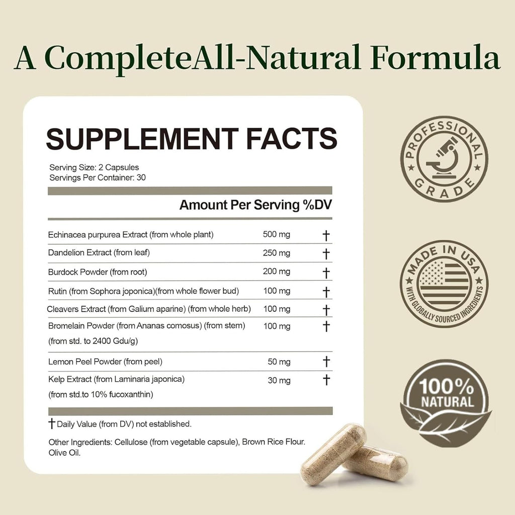 Lymphatic Drainage Capsules-Lymphatic Drainage Supplements, Herbal Detox & Immune Support with 8-Plant Complex, Supports Fluid Balance & Promotes a Light Feeling, 60 Capsules (1Pc)