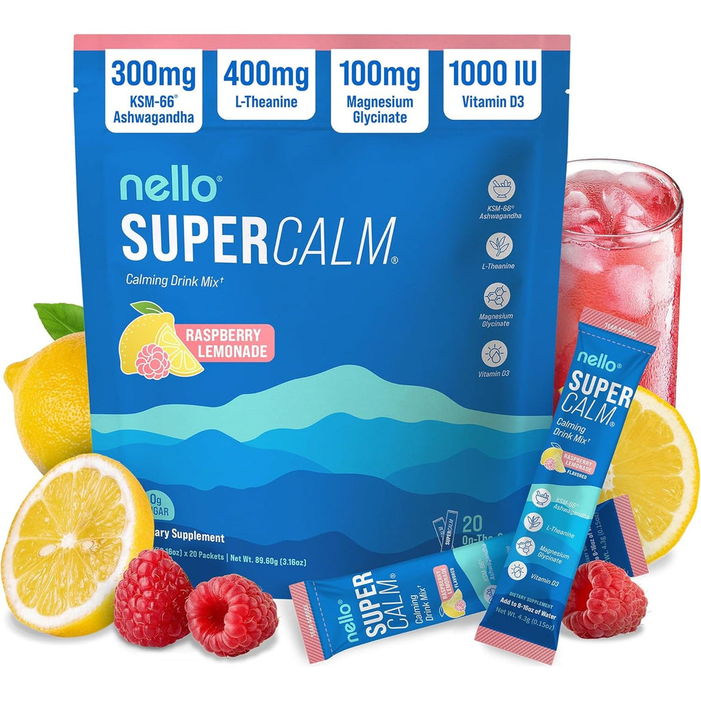 Nello Supercalm Powdered Drink Mix, Cortisol Reducer and Sleep Aid Supplement, L Theanine, Ksm-66 Ashwagandha, Magnesium Glycinate, Vitamin D 3, No Sugar, Non GMO, on the Go, 20 Ct, Raspberry Lemonade