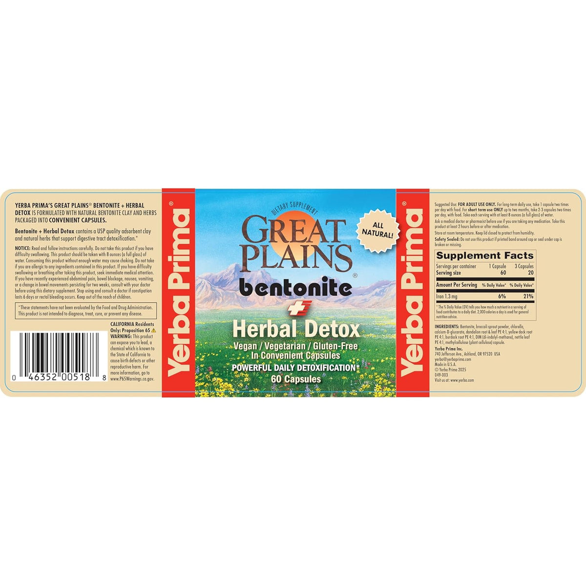 Yerba Prima Bentonite Clay plus Herbal Detox - 60 Veggie Capsules - Natural Cleansing Supplement