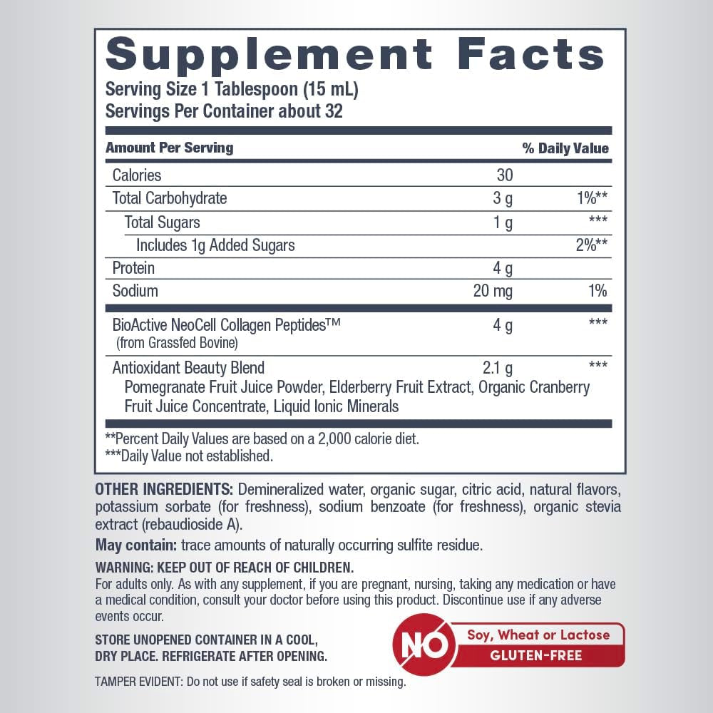 Neocell Liquid Collagen, Skin, Hair, Nails and Joints Supplement, Includes Fruit Juice Concentrates and Green Tea Blend, Pomegranate, 16 Oz., 1 Bottle