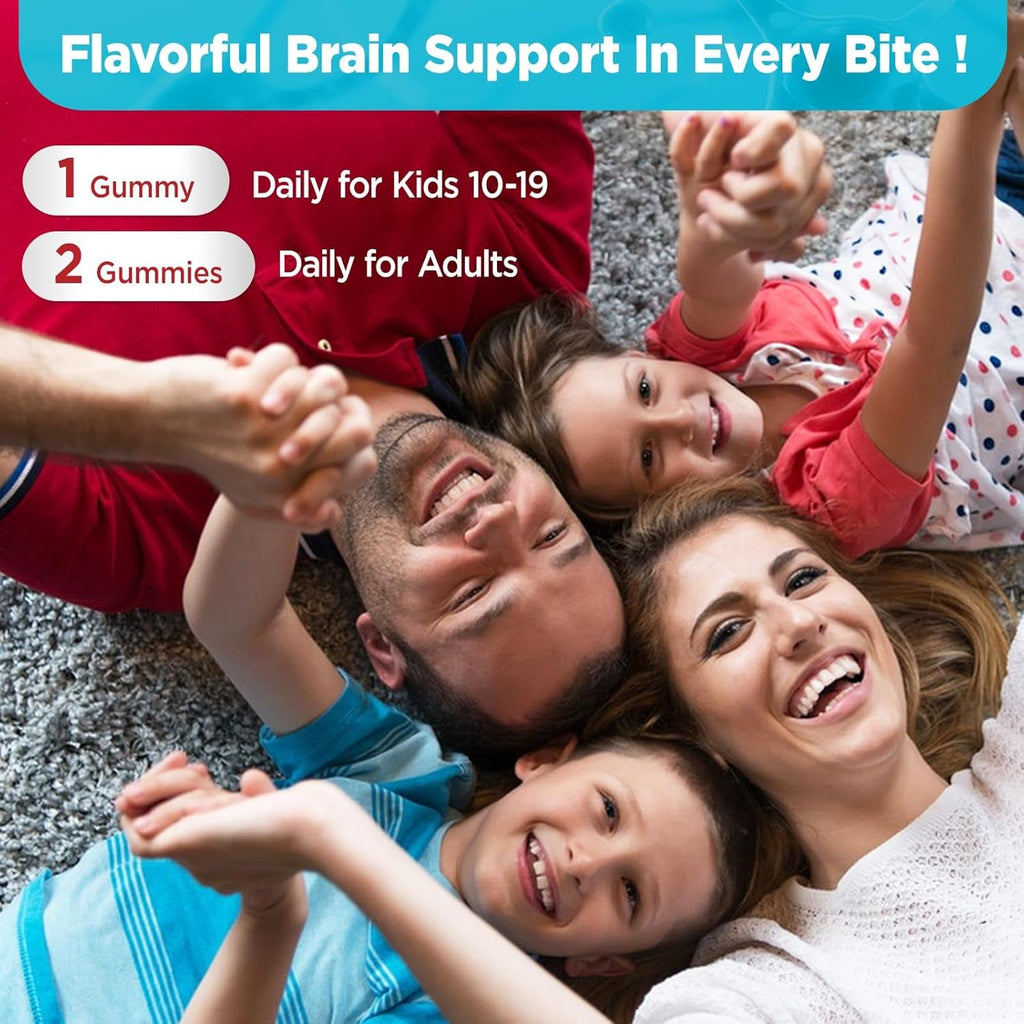 Brain Supplement Gummies, with Choline, Lion’S Mane Mushroom, Phosphatidylserine & More, Brain Supplement for Memory and Focus Support, Adults & Kids, Vegan, Sugar Free, Organic, 60 Gummies