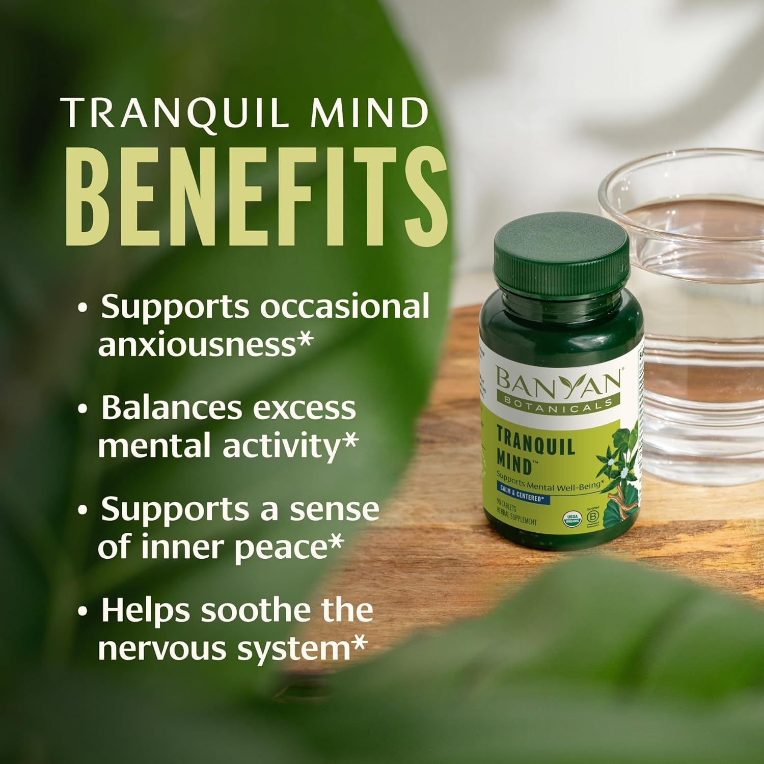 Banyan Botanicals Organic Tranquil Mind – Nervous System Support & Physical Relaxation Supplement – with Skullcap, Passionflower & Gotu Kola – Non-Drowsy Systemic Grounding – 90 Tablets – USDA Organic
