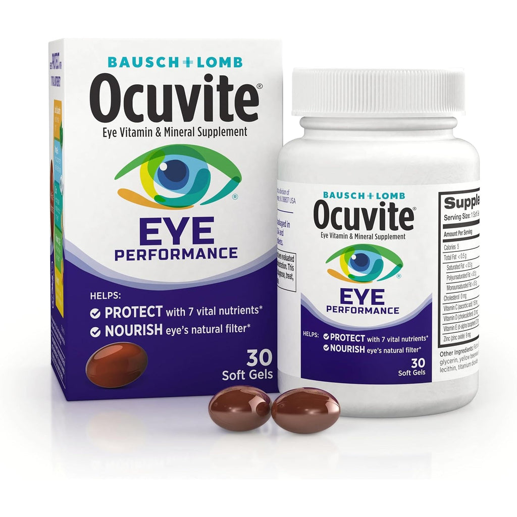 Ocuvite Eye Performance Vitamin & Mineral Supplement, Lutein and Zeaxanthin Supplements, Vitamins C, D, E, Zinc, and Omega-3, Helps Protect Eyes from Sun and Blue Light, 30 Softgels