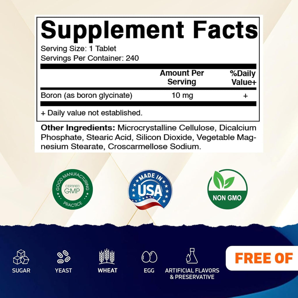 Vitamatic Chelated Boron (As Glycinate) 10Mg 240 Tablets - Supports Hormone Balance, Bone Health & Connective Tissue