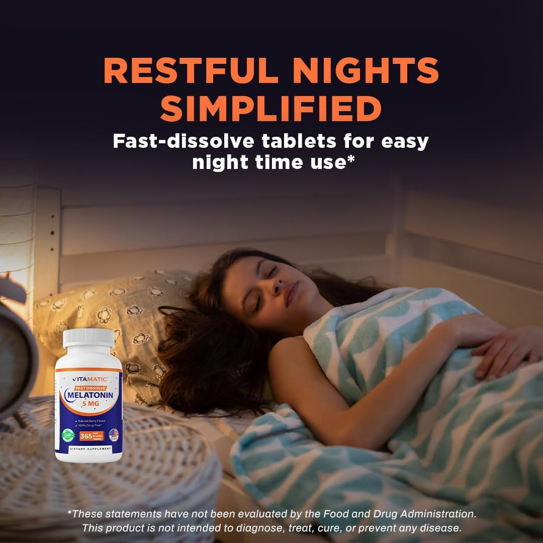 Vitamatic Melatonin 5 Mg Tablets | Vegetarian, Non-Gmo, Gluten Free | 1 Year Supply | Natural Berry Flavor - 365 Tablets
