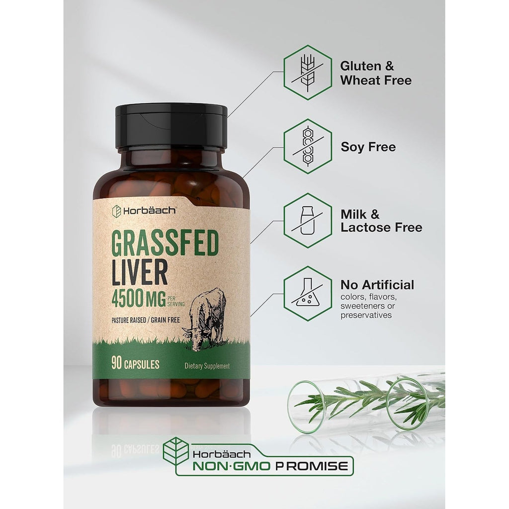 Horbäach Grass Fed Beef Liver | 4500Mg | 90 Capsules | Desiccated, Pasture Raised, Grain Free, Non-Gmo Supplement