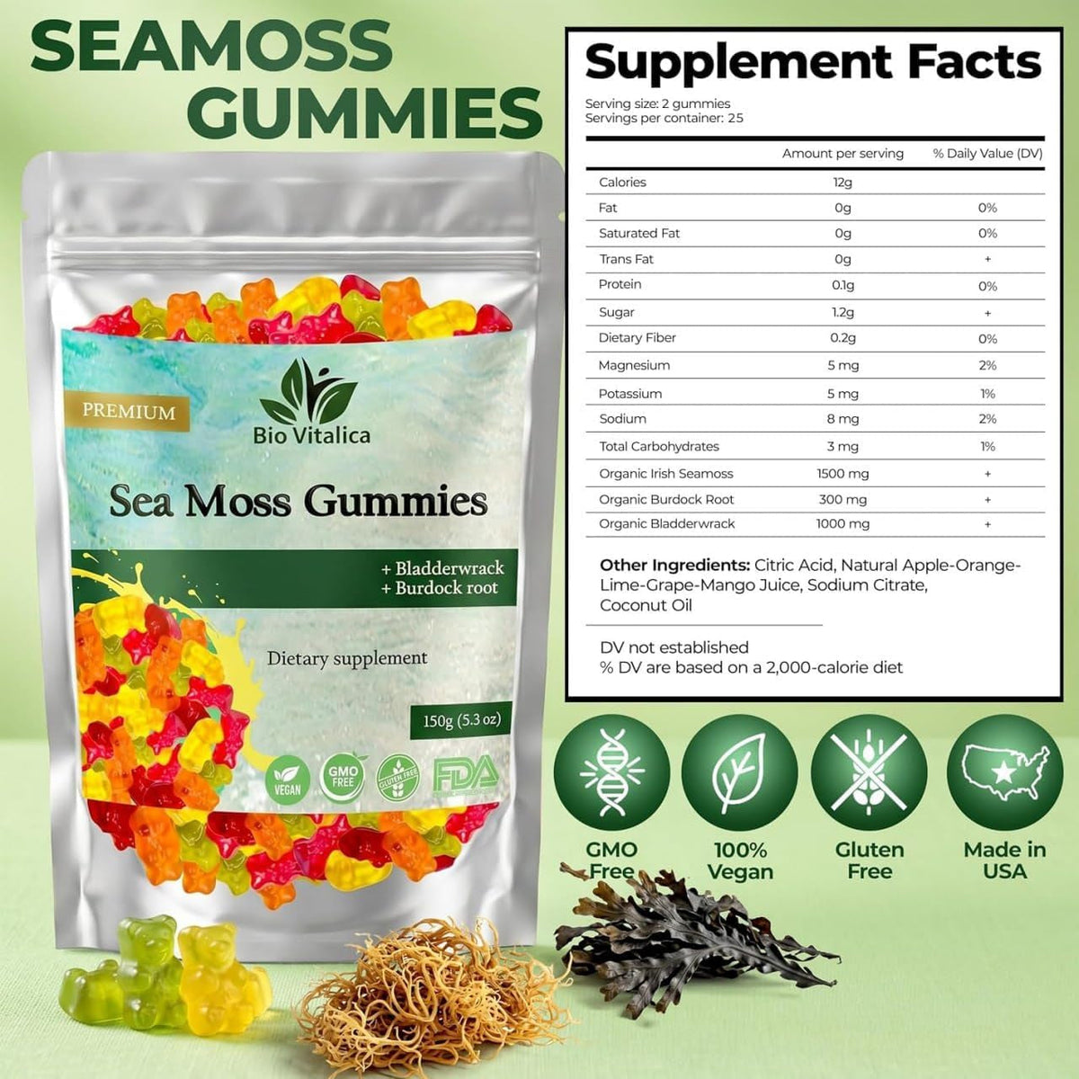 Sea Moss Gummies - Irish Sea Moss Raw Organic, Bladderwrack, Burdock Root. Contains Sea Moss Gel and Powder. Superfoods for Vegan, Keto and Dr Sebi Diet. Immune Boosting (1, Original)