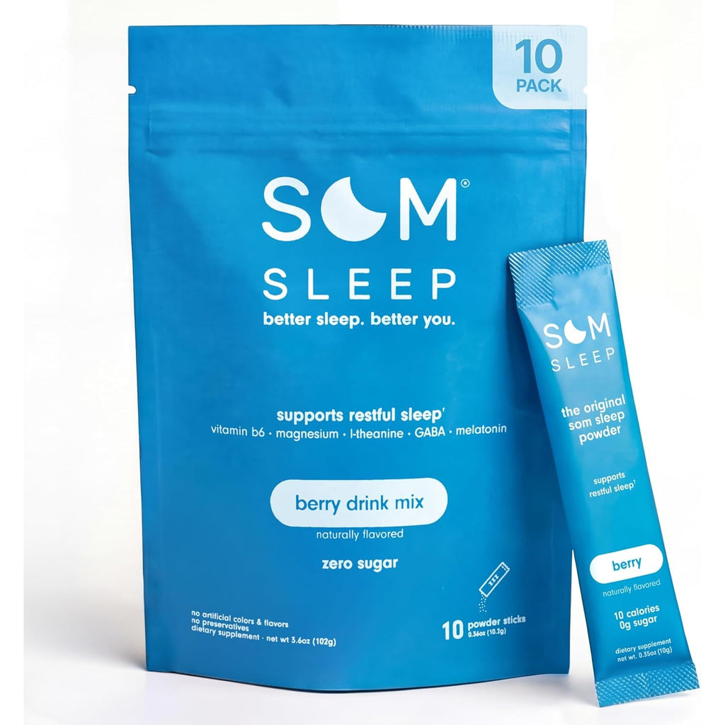 Som Sleep, Calm Sleep Nighttime Powder Drink Mix, Melatonin 3Mg, Magnesium, Vitamin B6, L-Theanine & GABA – Vegan, Zero Sugar – Berry, 10-Pack