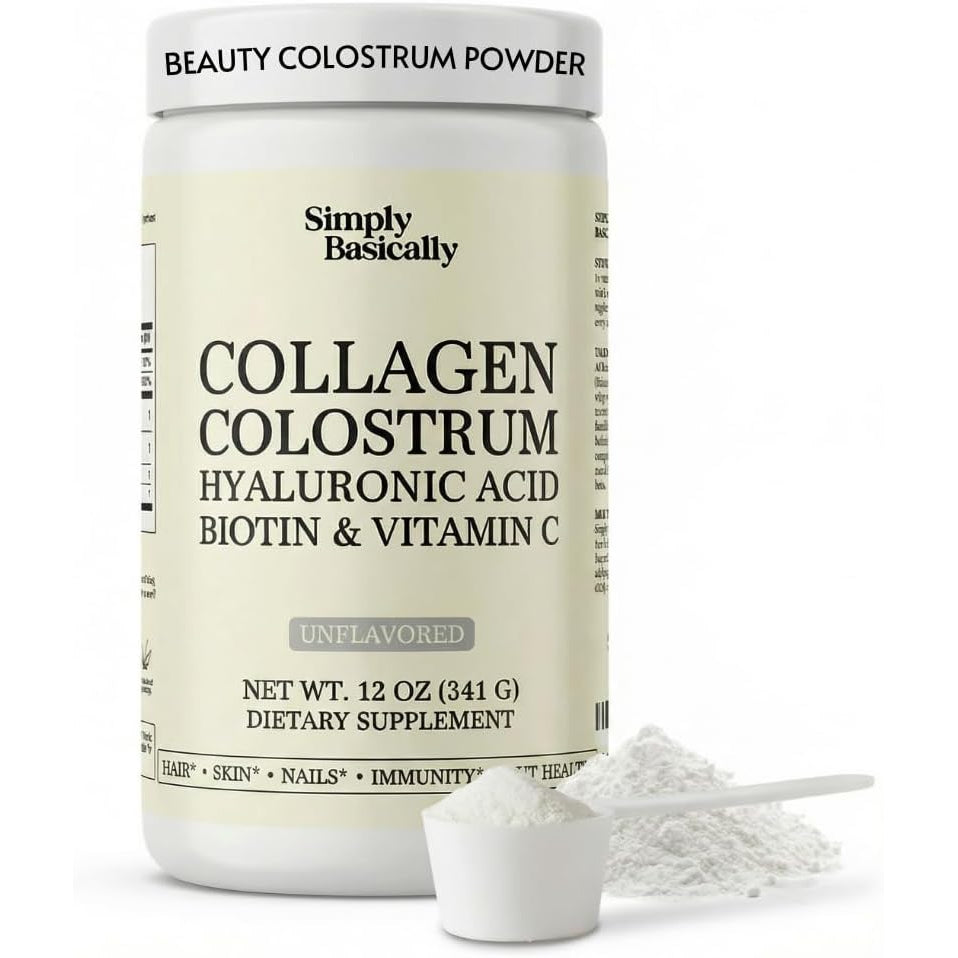 Colostrum & Collagen Peptides Powder with Biotin, Hyaluronic Acid & Vitamin C | Gut Health & Bloating, Immune Support, Hair, Skin & Nails Supplement | Unflavored | 30 Servings