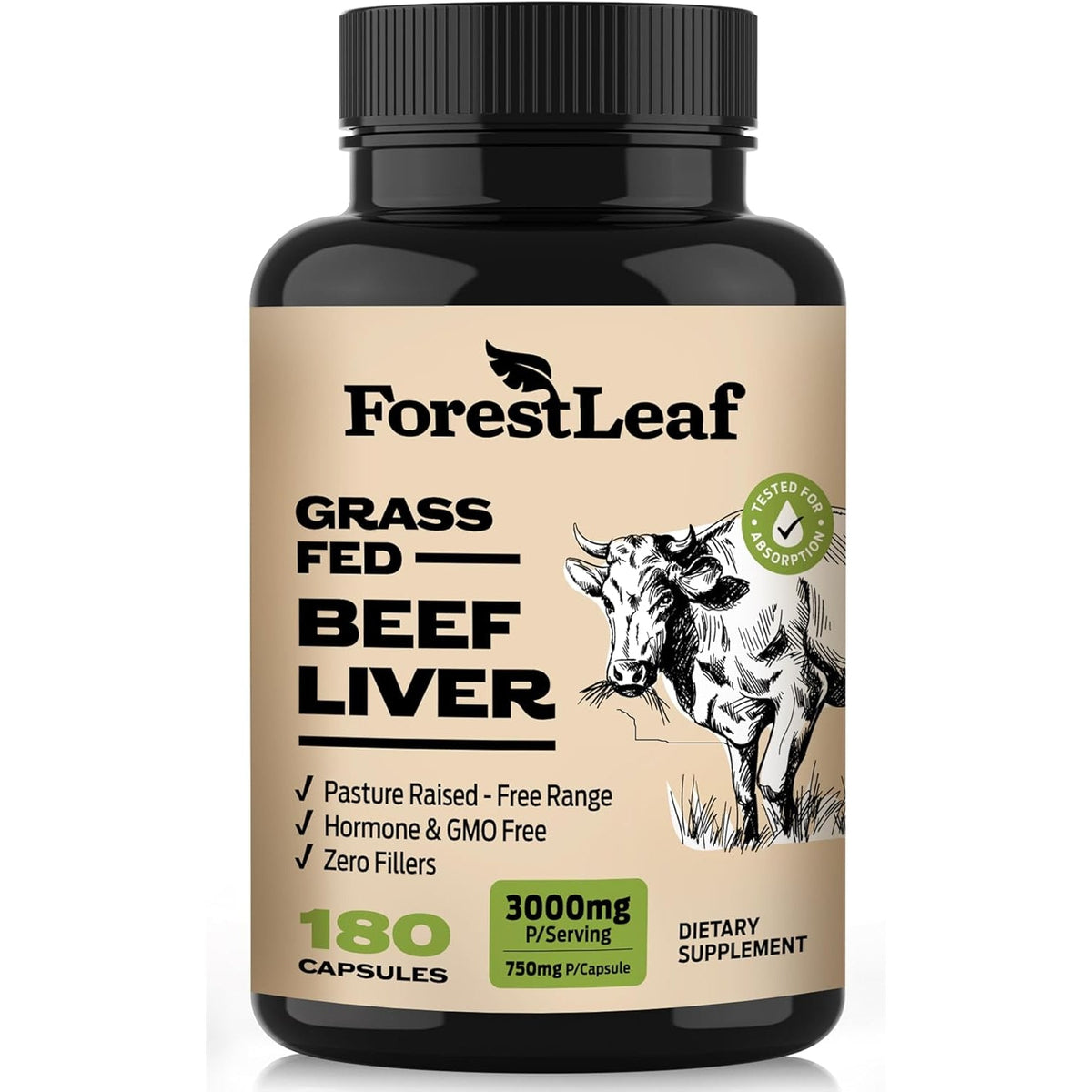 Forestleaf Grass Fed Beef Liver Capsules, 3000Mg per Serving, Supports Immunity & Body Wellness, Cleansing, Digestion, Natural Iron, Vitamin a and B12, Freeze Dried Beef Liver Supplement, 180 Caps