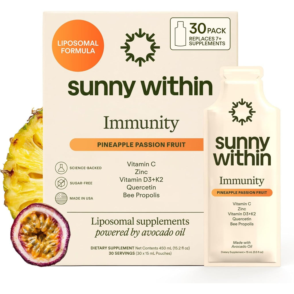 Immunity - 6-In-1 Liposomal Vitamin C Packets, Zinc, D3 + K2, Quercetin, Bee Propolis & Avocado Oil - Antioxidant Liquid Supplement for Immunity, Skin & Bone* - 30 Pouches
