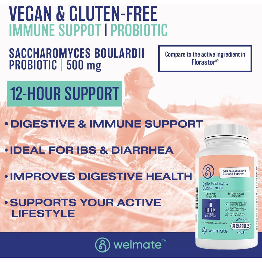 WELMATE - Daily Probiotic Supplement (200 Capsules) Saccharomyces Boulardii 500Mg - 24/7 Digestive Support, Immune Support - 10 Billion CFU - Over-The-Counter Medication - Vegan, Gluten Free, Non GMO